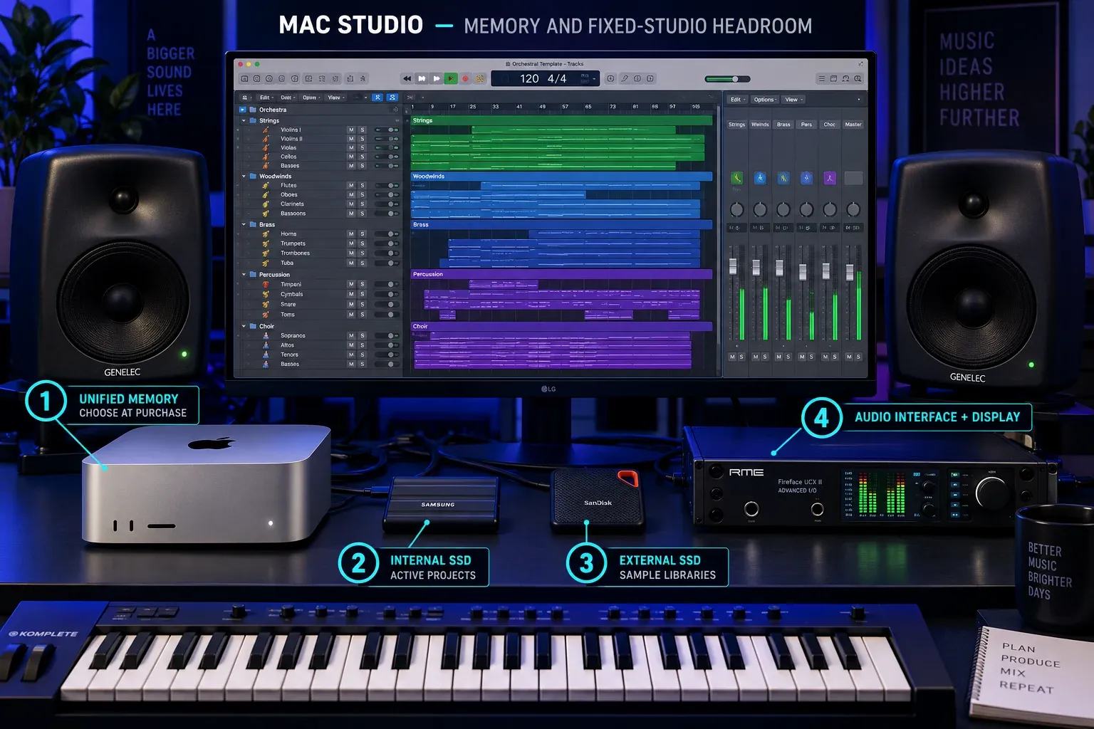 A Mac Studio Logic Pro system separating active projects from sample libraries on external SSD storage