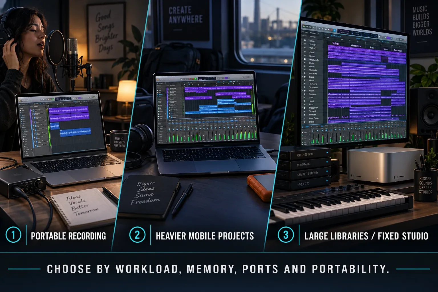 Comparing portable recording, heavier mobile Logic Pro projects and a fixed studio with large libraries