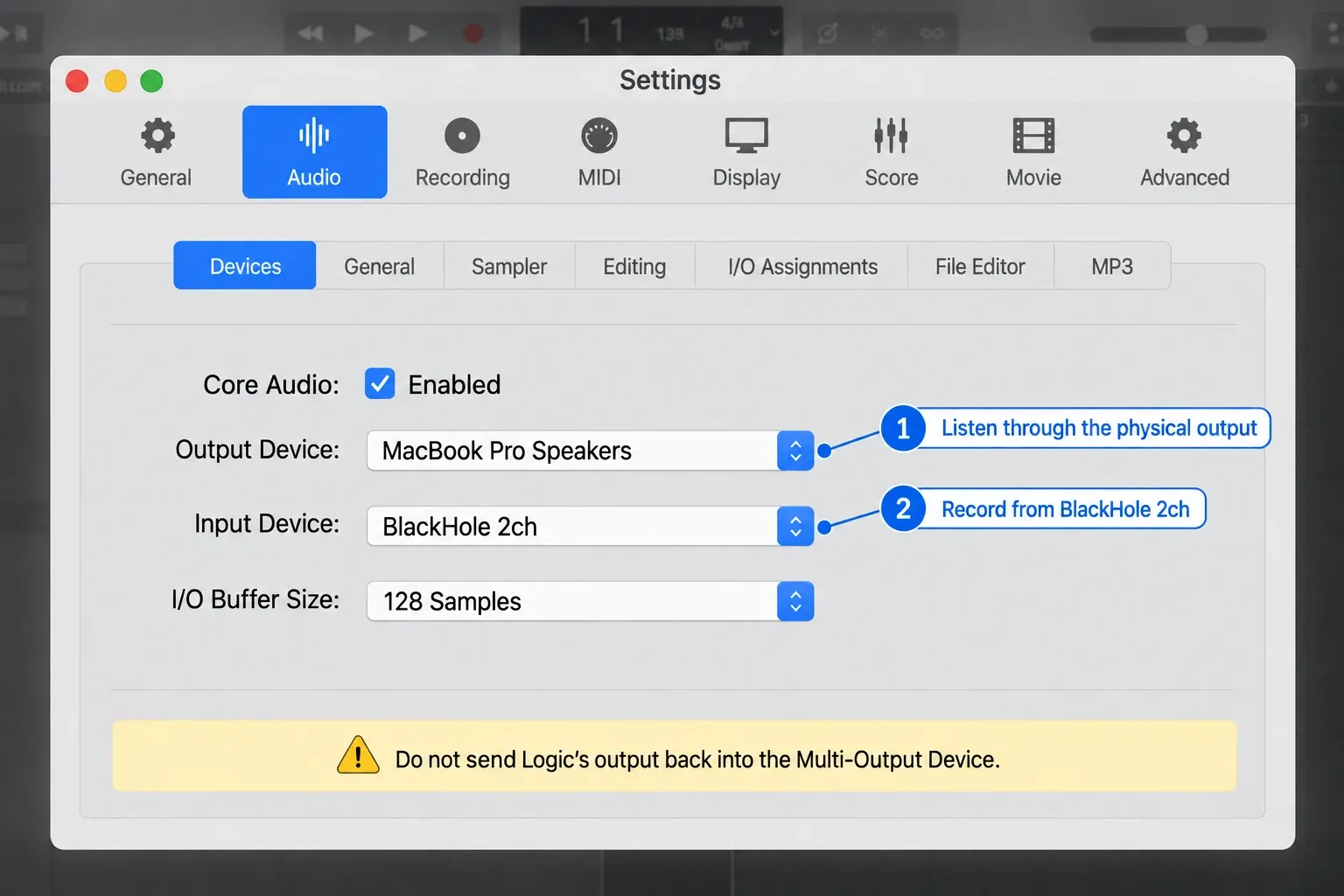 Logic Pro Audio Devices settings with BlackHole 2ch as input and MacBook Pro Speakers as output
