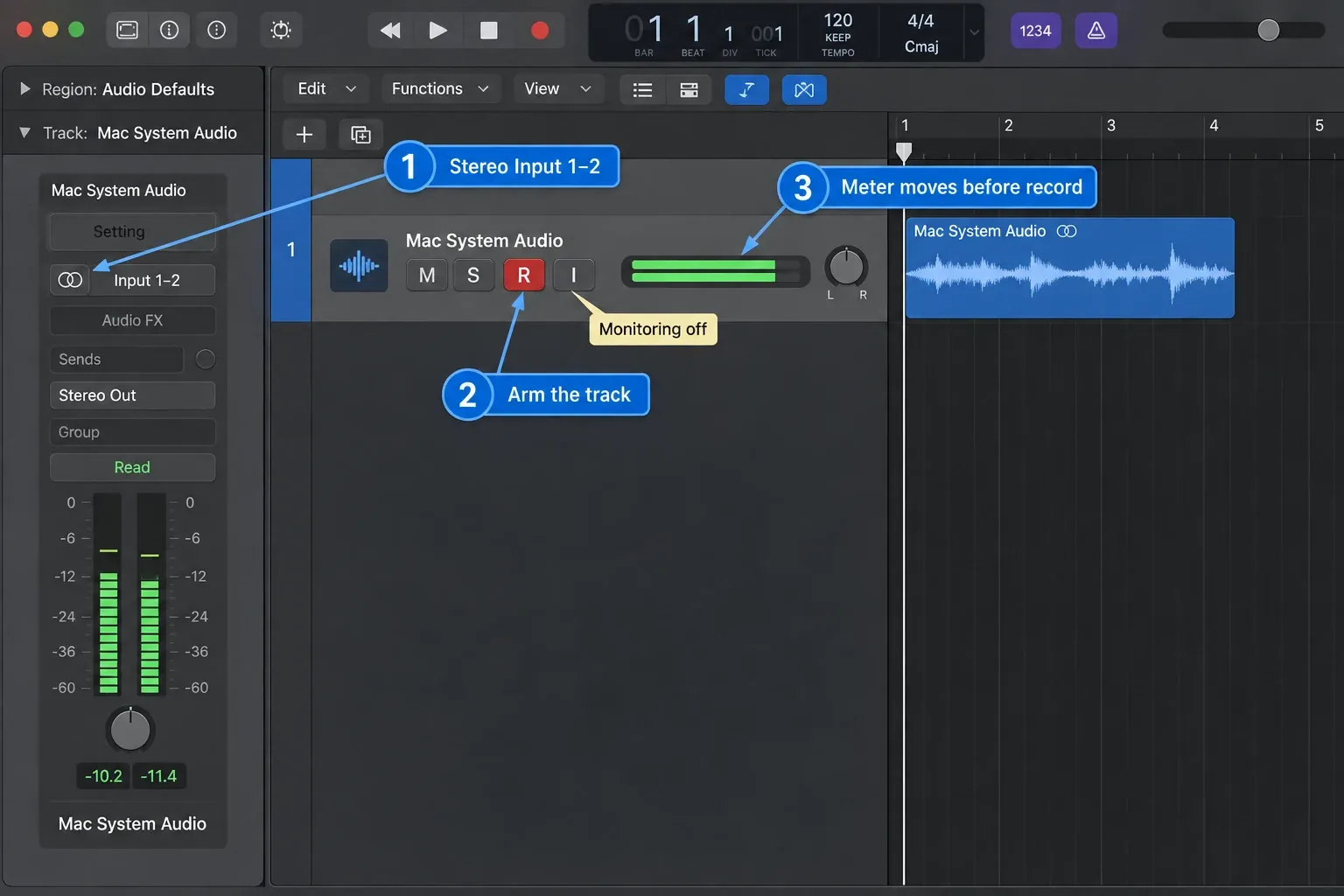 A Logic Pro stereo audio track using Input 1-2 with record enabled and monitoring off