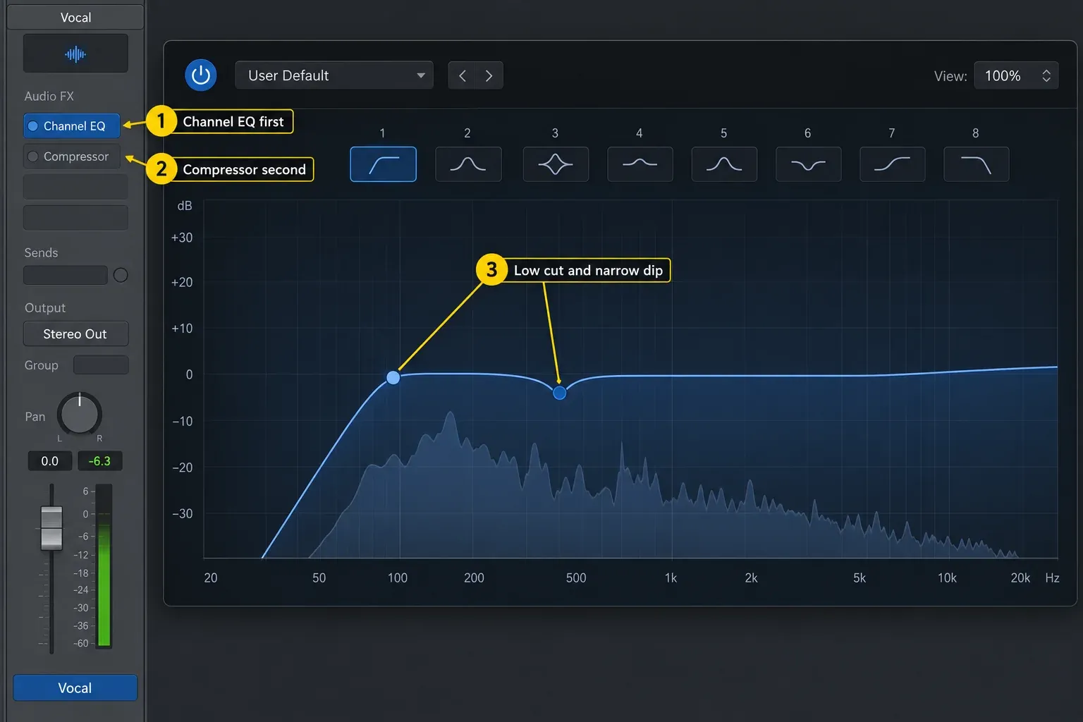 Logic Pro Vocal channel with Channel EQ inserted before Compressor and a low cut plus narrow mid dip on the EQ curve