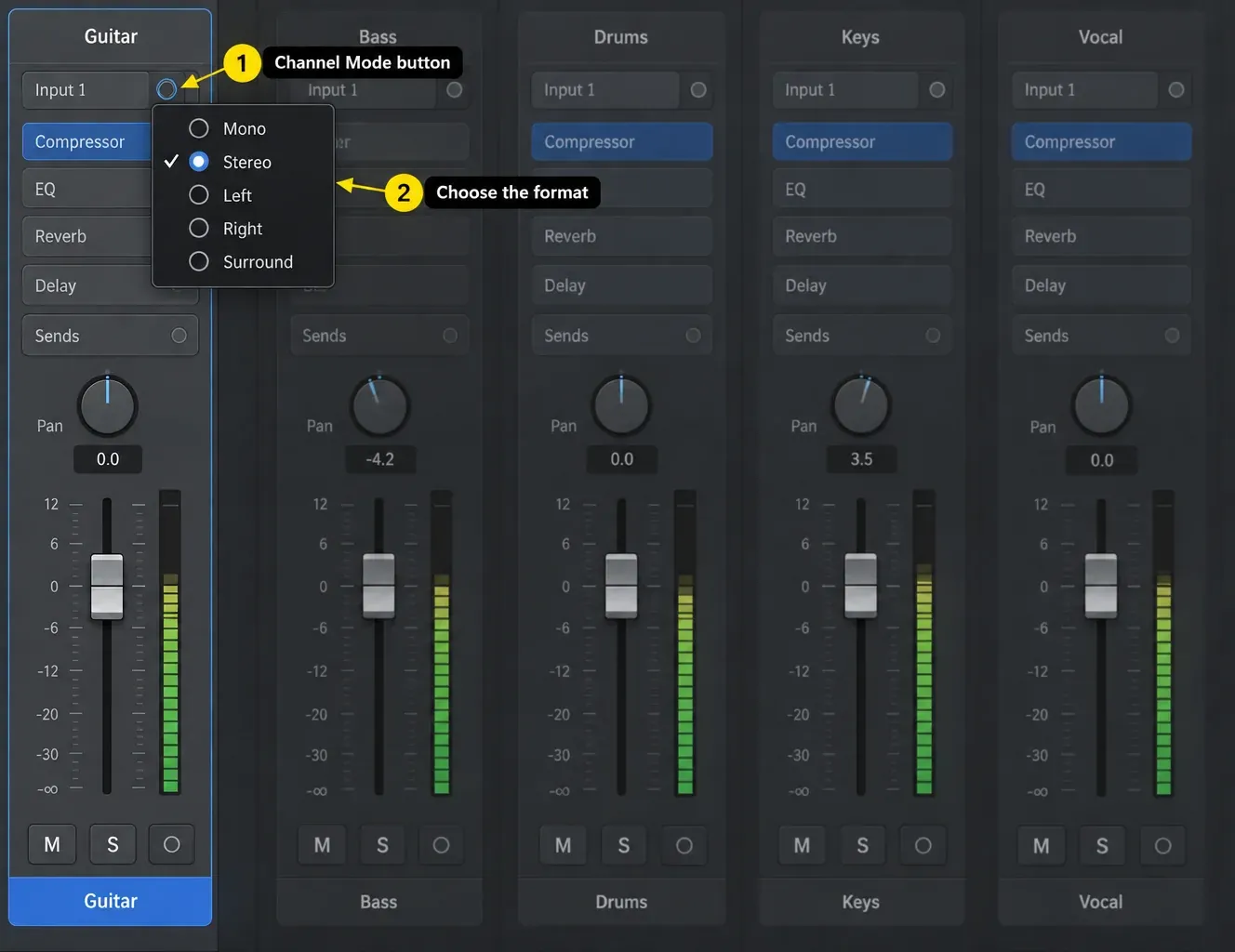 Logic Pro Channel Mode menu open on a Guitar channel strip with Mono, Stereo, Left, Right and Surround choices