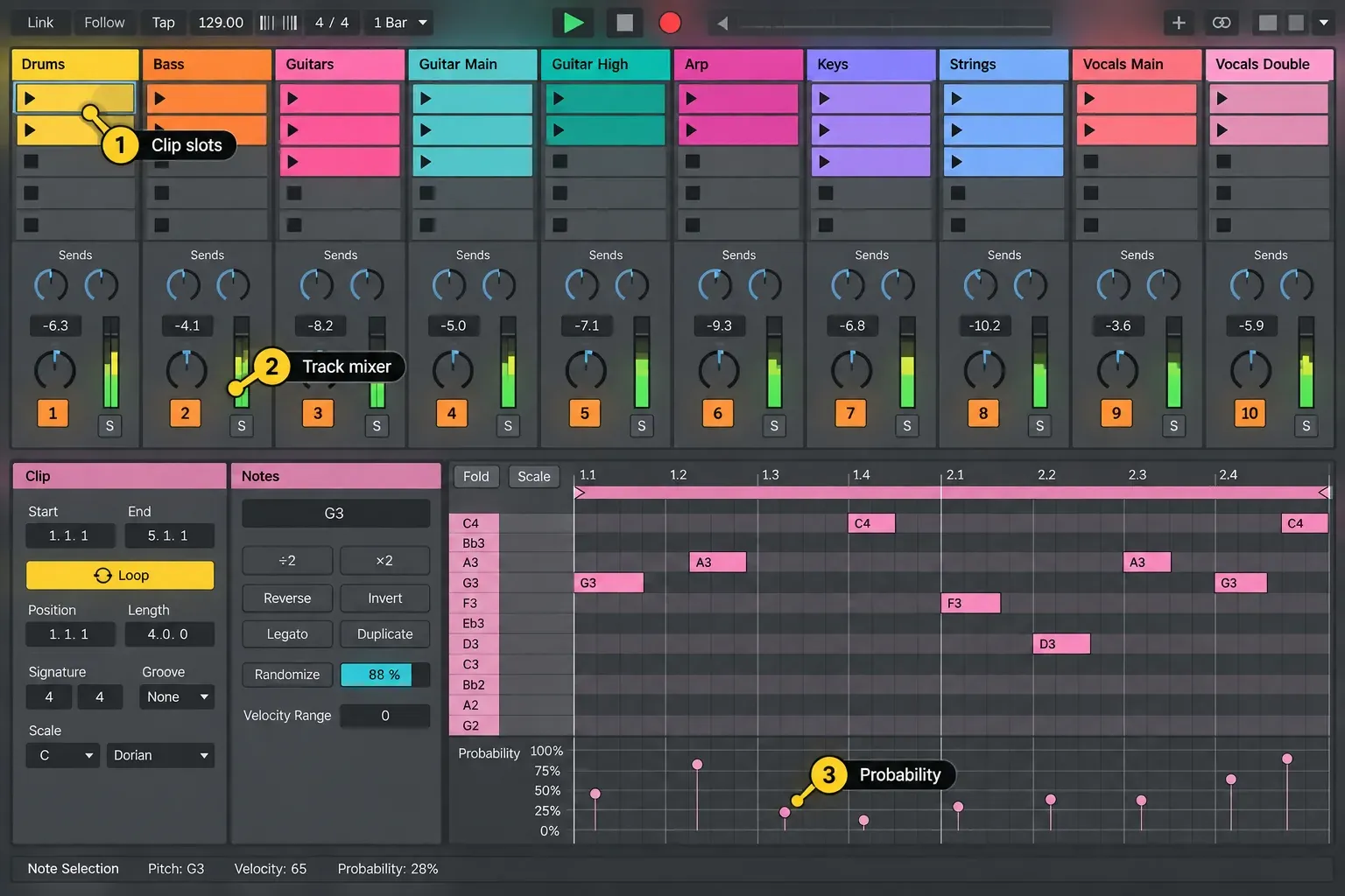 Clip-launching DAW view with colored clip slots, track mixer controls and a MIDI note editor with a probability lane