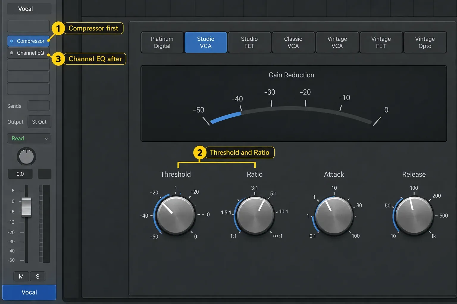 Logic Pro Vocal channel with Compressor inserted before Channel EQ and the Compressor circuit types and main knobs open