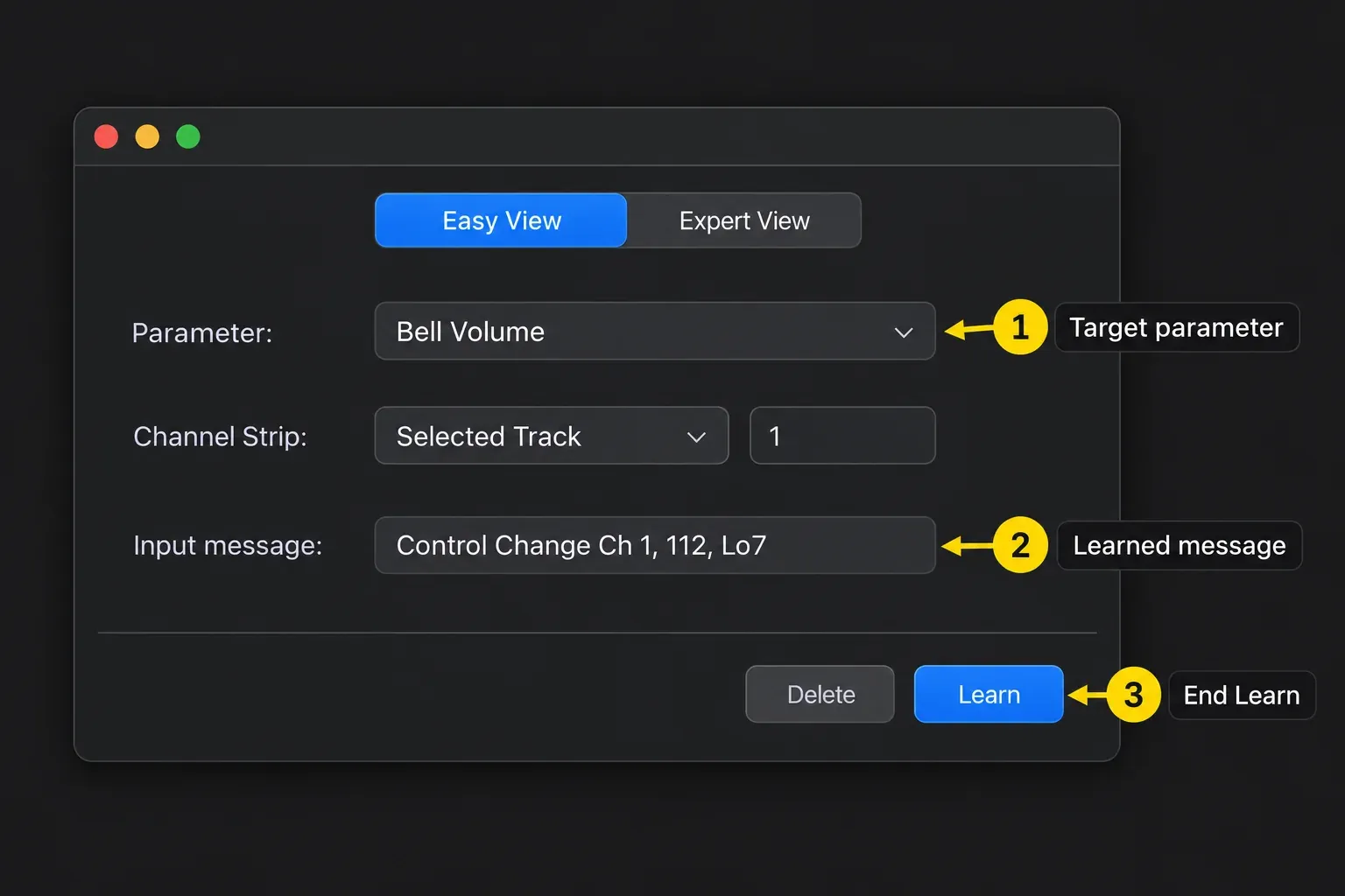 Logic Pro Controller Assignments Easy View with Bell Volume, a learned control change message, Delete and Learn