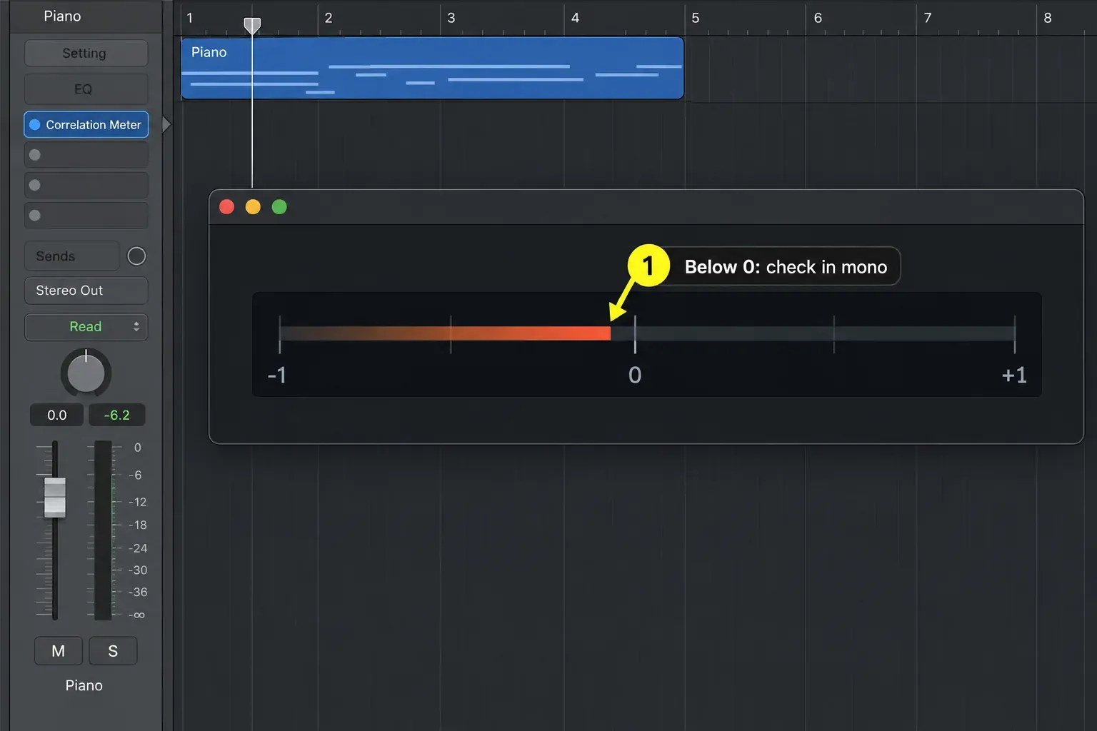 Logic Pro Correlation Meter on a Piano channel reading slightly below zero
