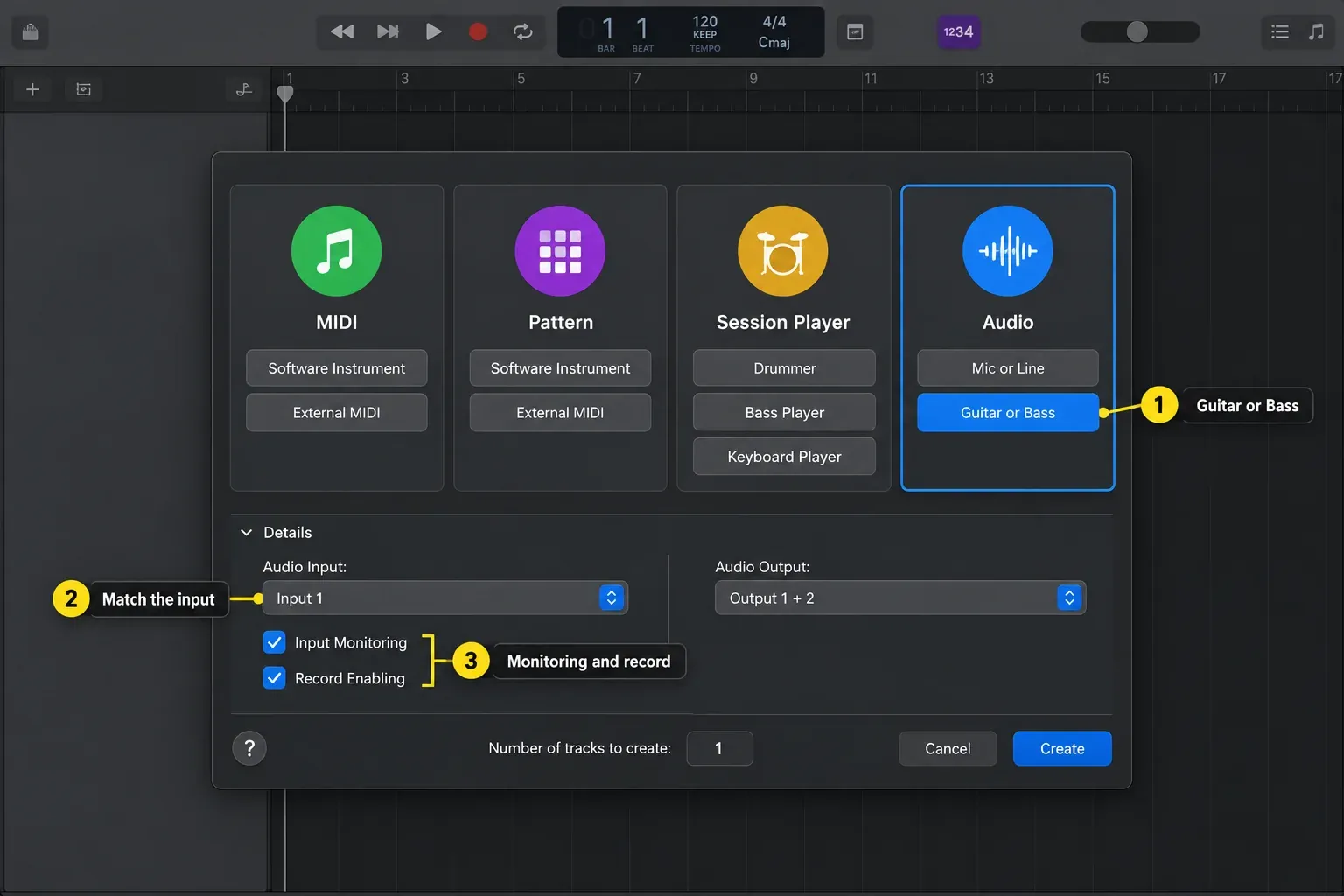 Logic Pro Create New Track dialog with Guitar or Bass selected under Audio and Input 1 chosen