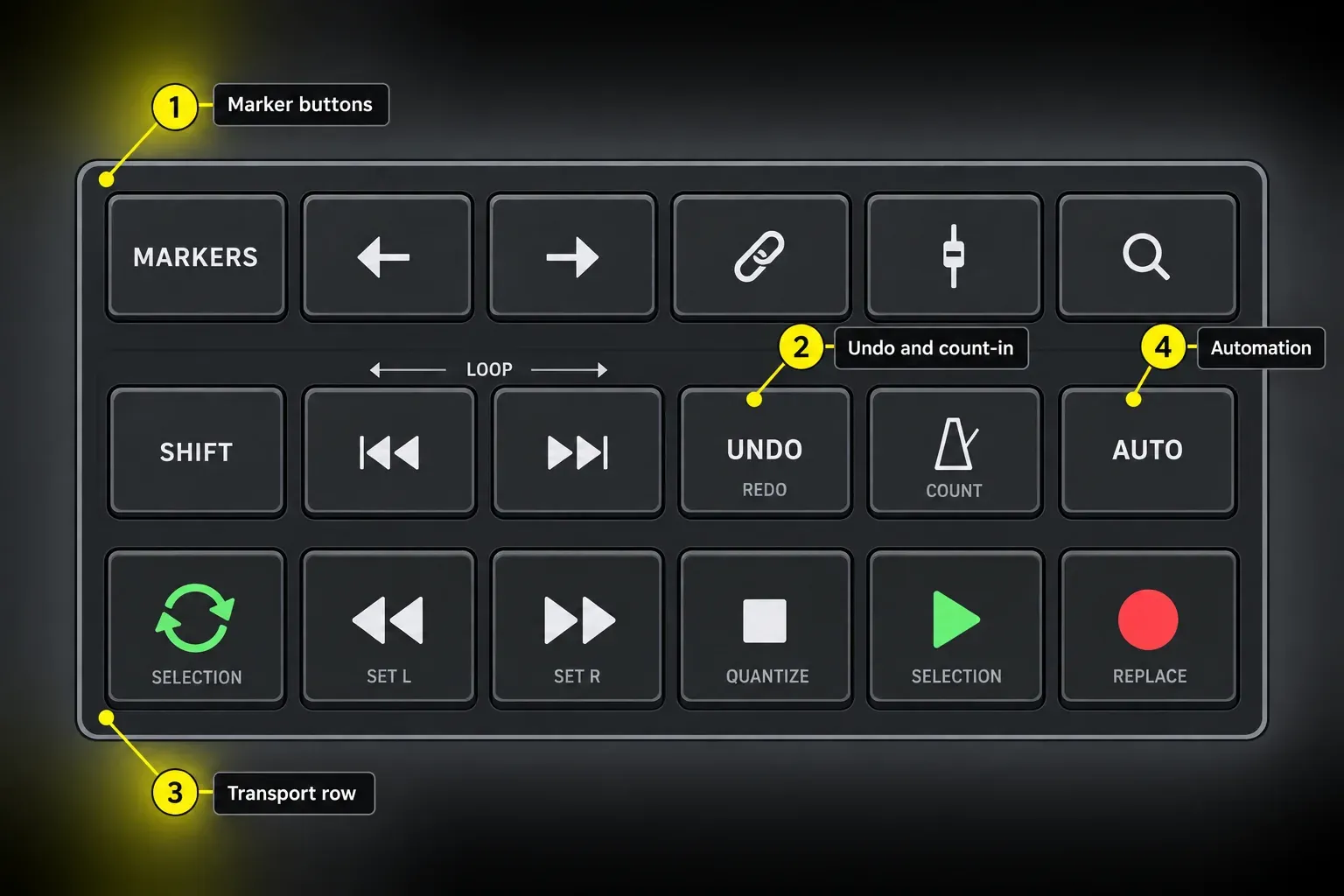 Panorama CS12 button panel layout with marker, undo, count-in, automation and transport buttons