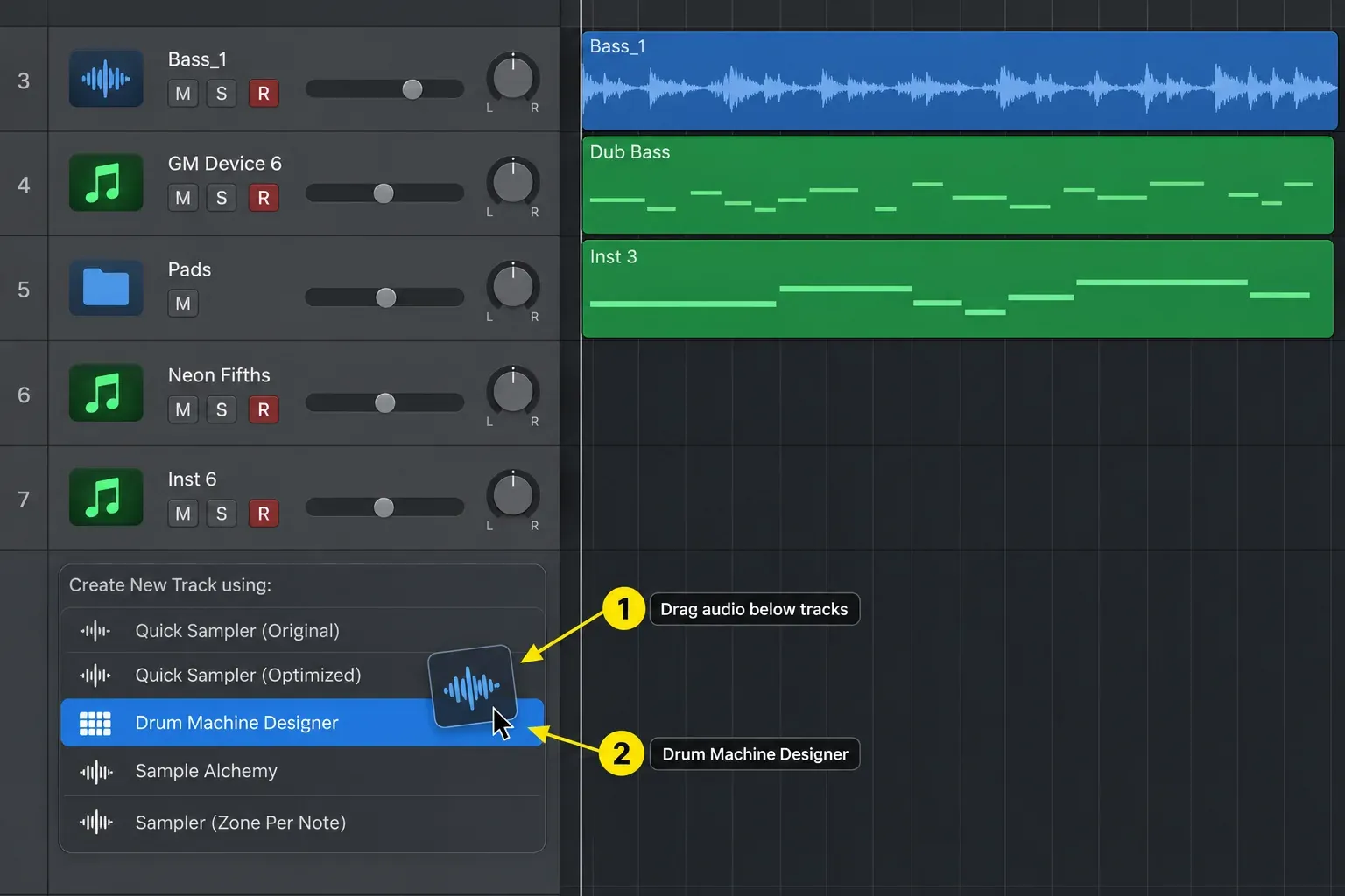 Logic Pro Create New Track using panel with an audio file dragged onto the Drum Machine Designer option