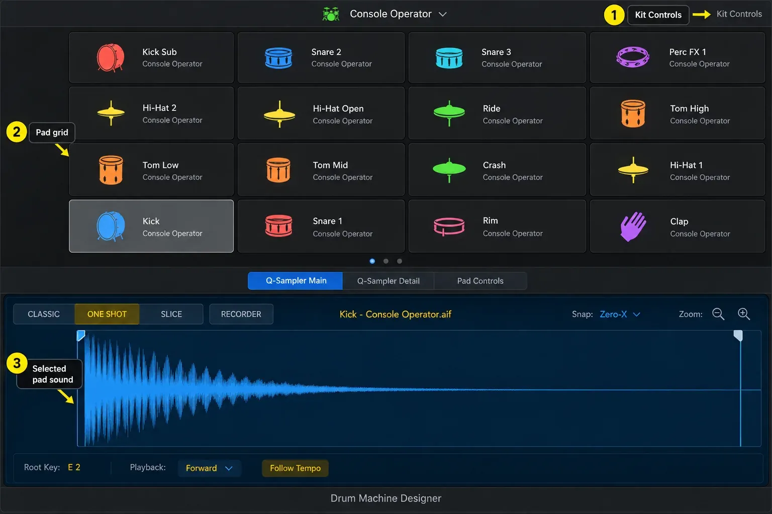 Logic Pro Drum Machine Designer with the Kit Controls bar, a 16-pad grid and the Quick Sampler pane for the selected Kick pad