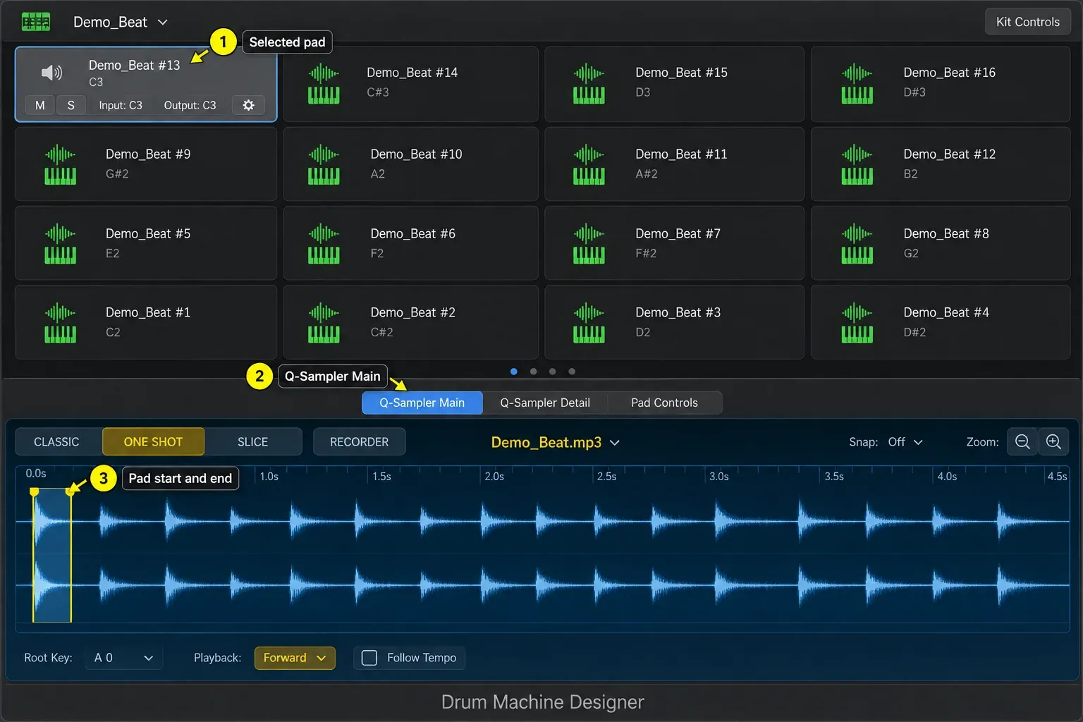 Logic Pro Drum Machine Designer with a selected pad and its sample waveform open in the Q-Sampler Main pane