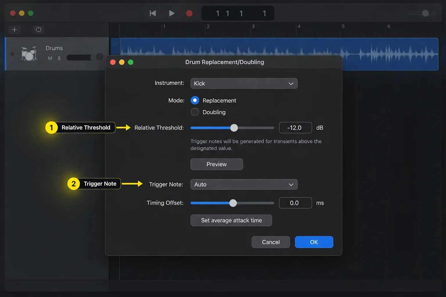 Logic Pro Drum Replacement/Doubling dialog with Kick instrument, Relative Threshold and Trigger Note settings