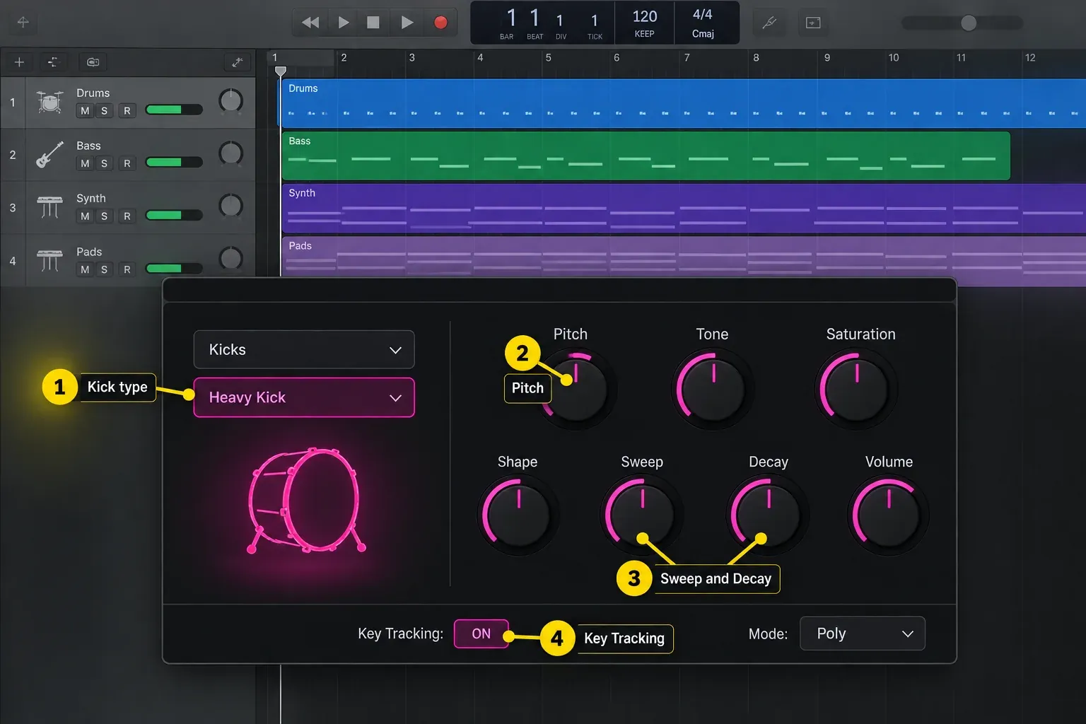 Logic Pro Drum Synth Heavy Kick with Pitch, Tone, Saturation, Shape, Sweep, Decay, Key Tracking and Mode