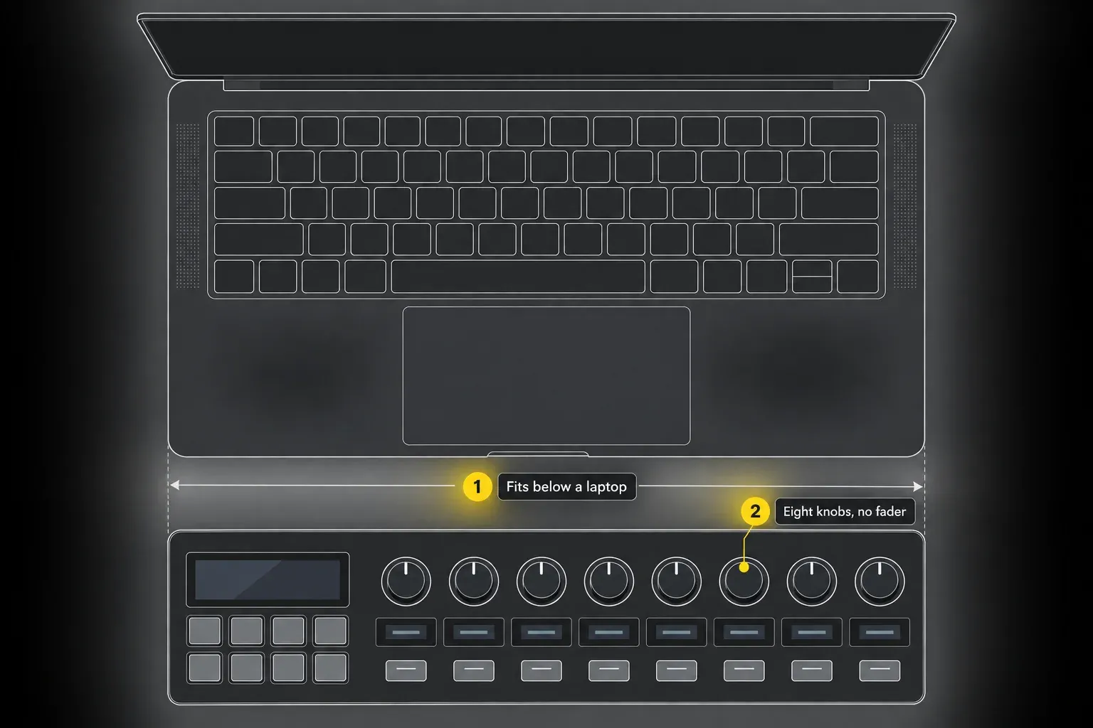 Eight-knob controller placed directly below a laptop, about the same width