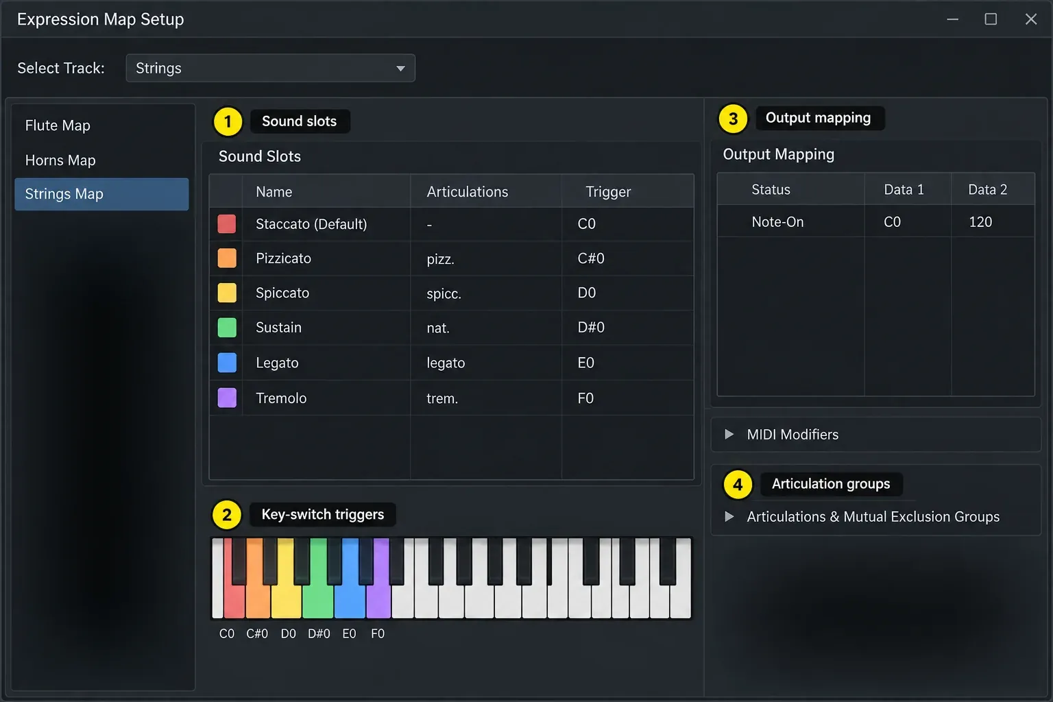 Expression map setup with sound slots, articulation names, key-switch triggers and output mapping