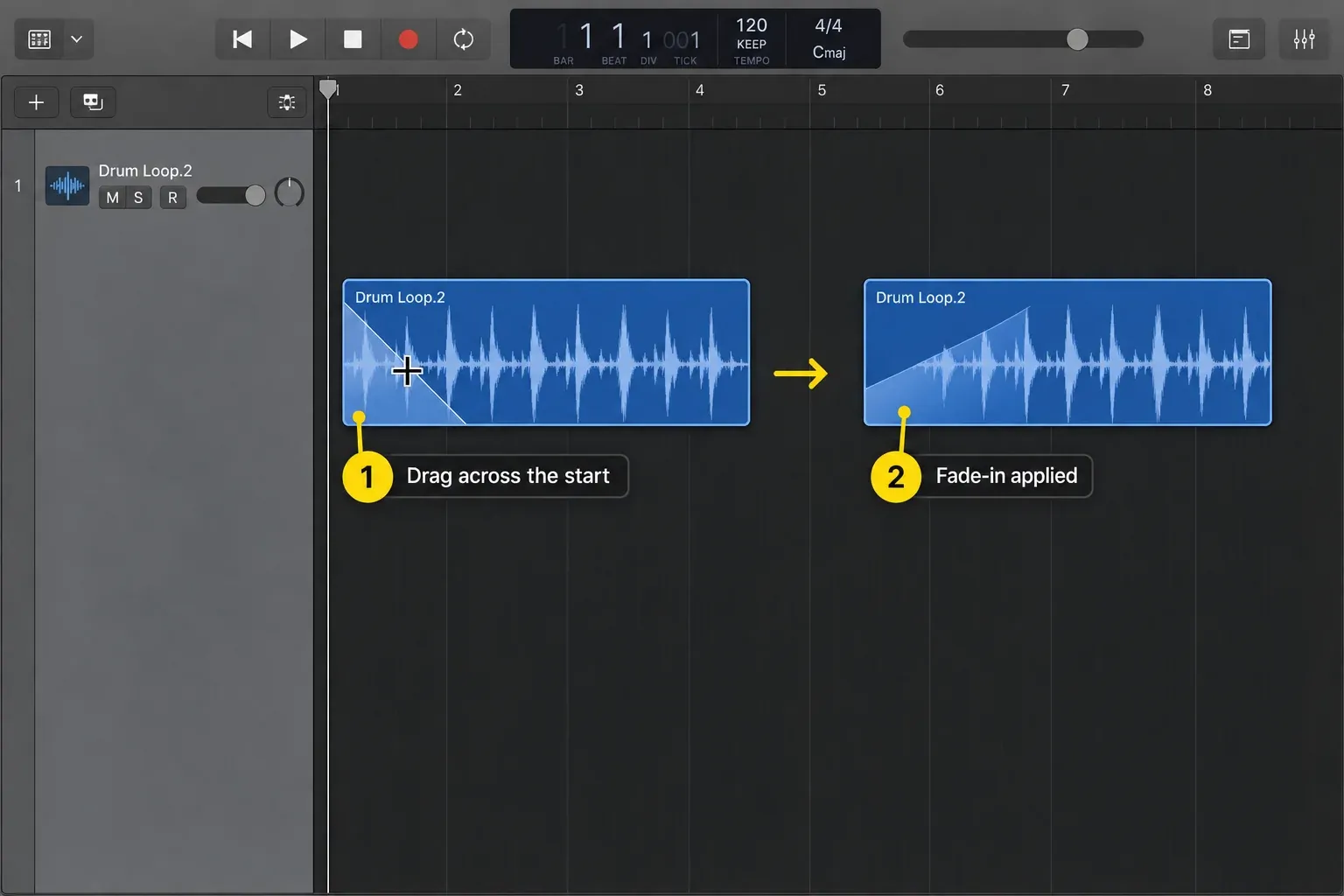 Logic Pro Fade tool dragging across the start of an audio region and the resulting fade-in