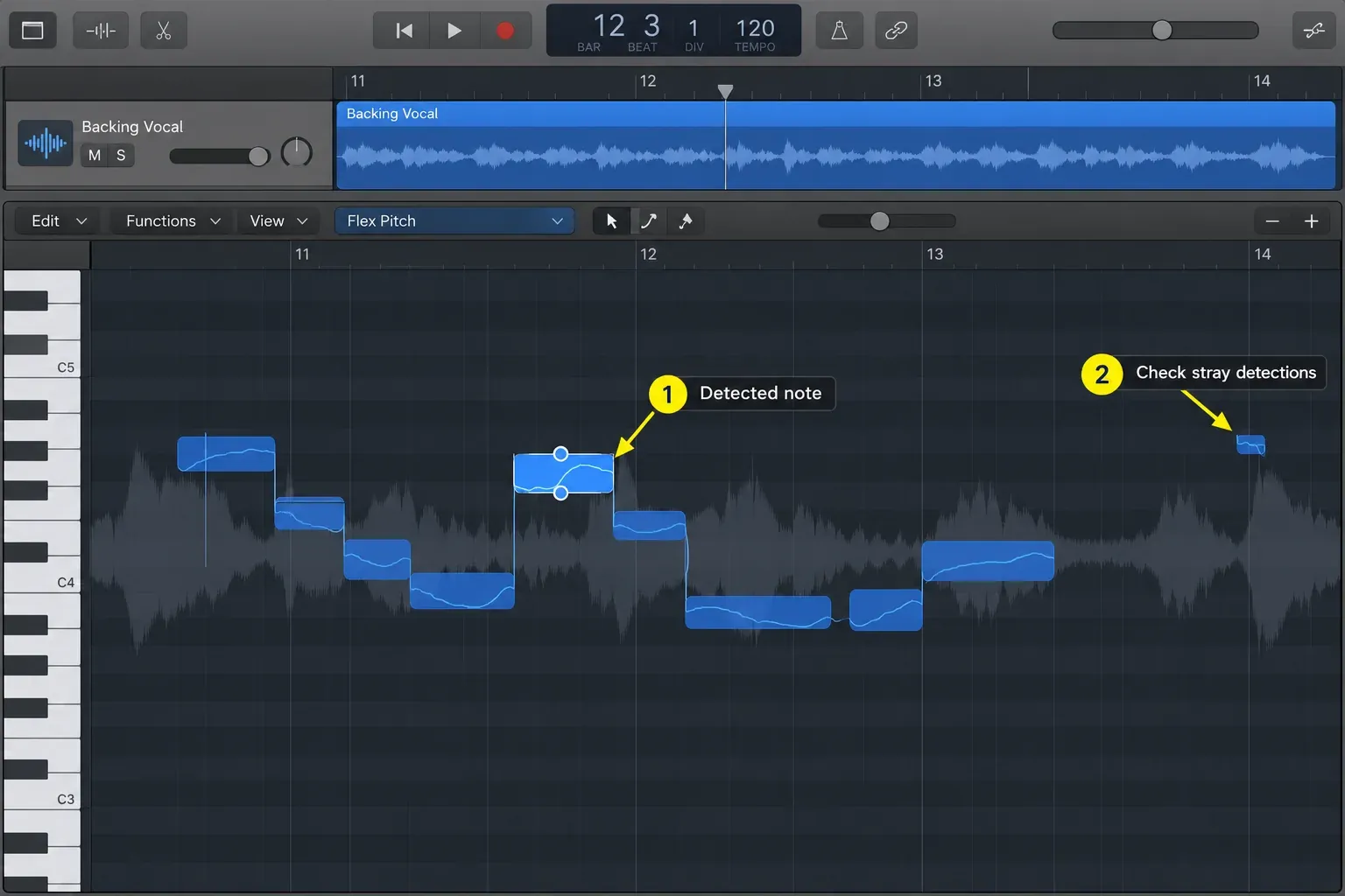 Logic Pro Flex Pitch view with detected vocal notes, one selected note with handles and a short stray detection
