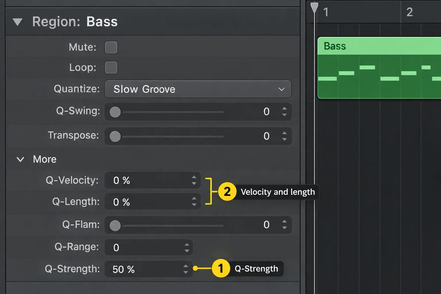 Logic Pro MIDI Region inspector with Q-Strength at 50 percent and Q-Velocity and Q-Length at zero
