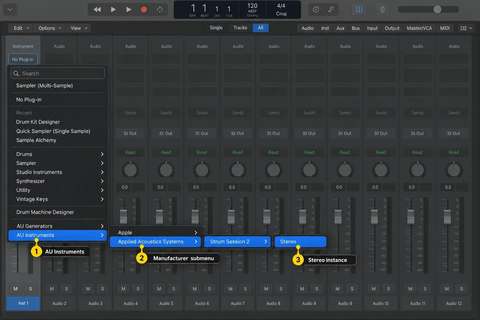 Logic Pro instrument slot menu opened to AU Instruments > Applied Acoustics Systems > Strum Session 2 > Stereo