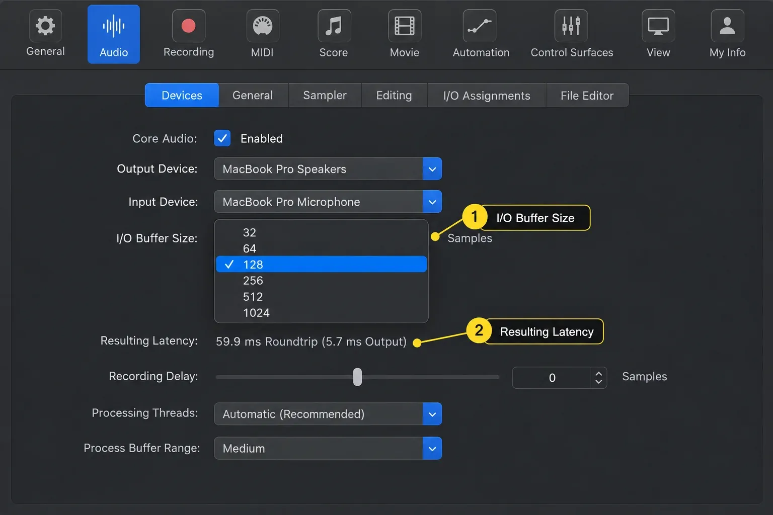 Logic Pro Audio Devices settings with the I/O Buffer Size menu open from 32 to 1024 samples