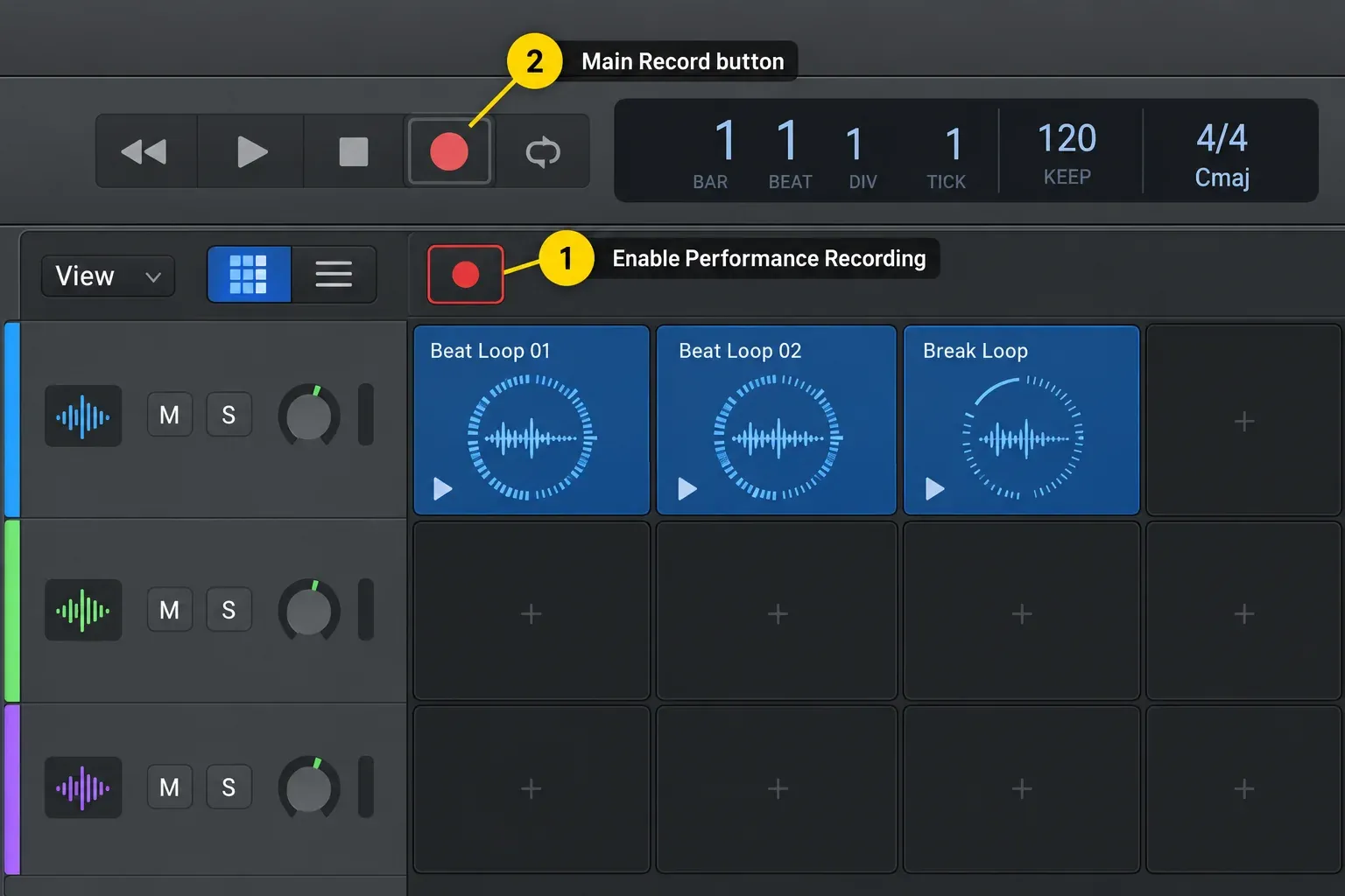 Enable Performance Recording button above Live Loops cells, separate from the main Record button