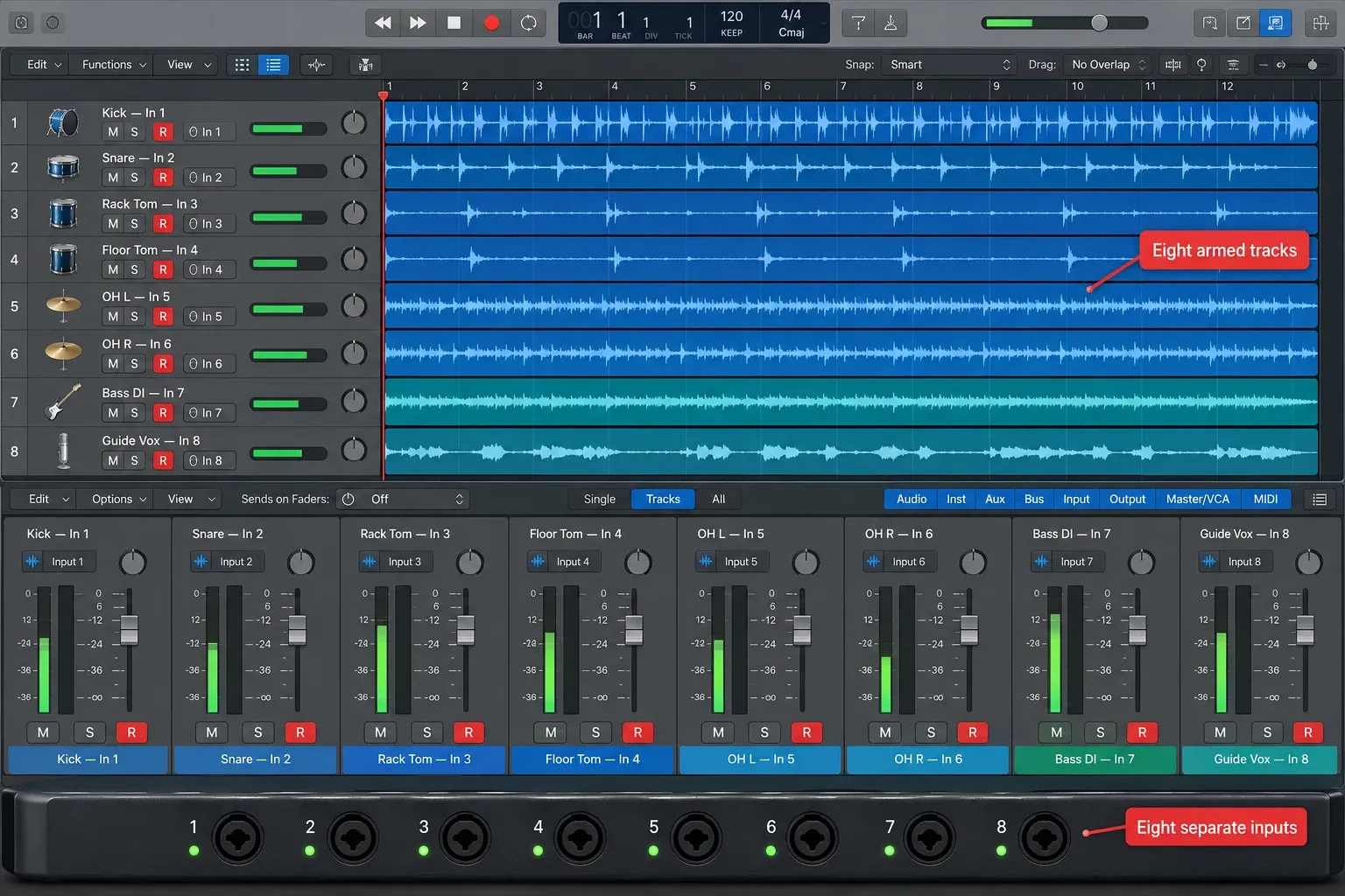 Illustrated Logic Pro drum and band session with eight separate armed input tracks