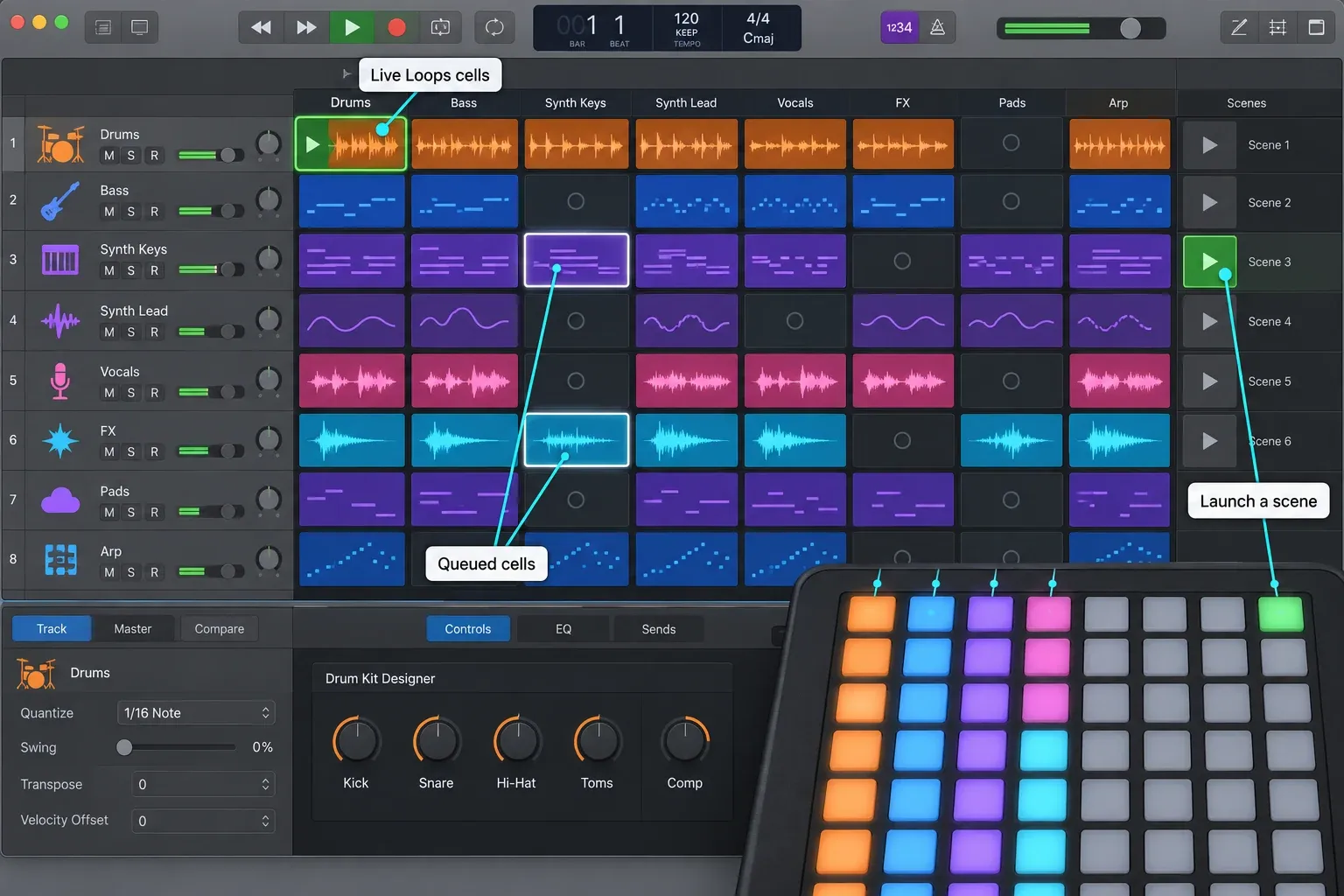 Logic Pro Live Loops grid mapped to an 8 by 8 pad controller