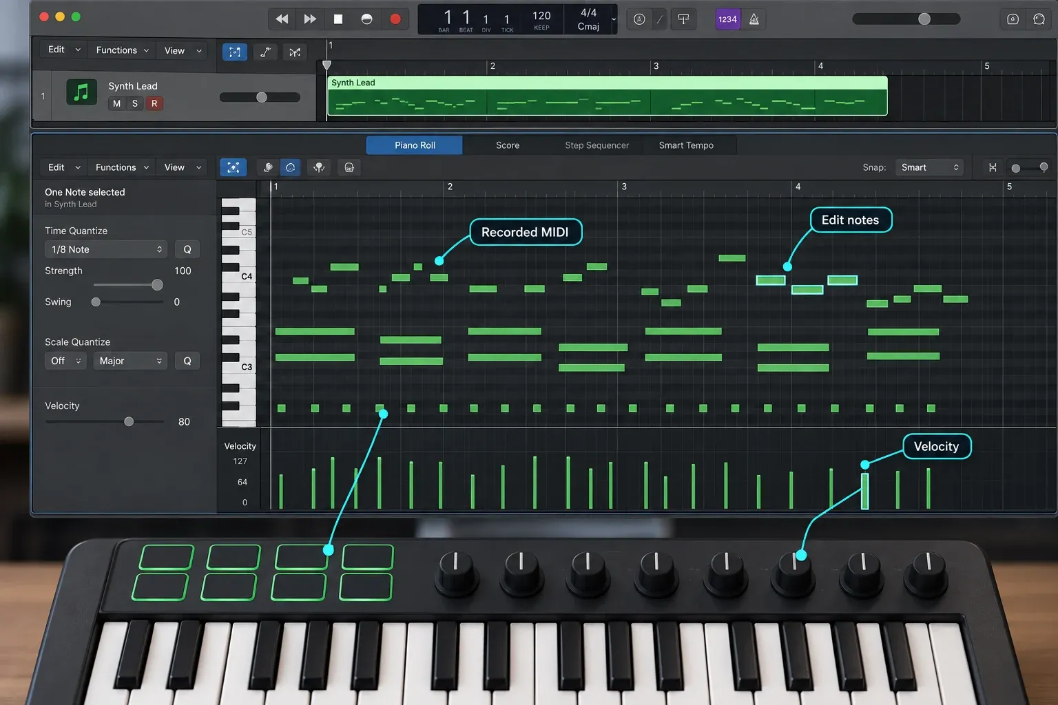 Logic Pro Piano Roll with recorded MIDI notes and velocity editing from a compact controller