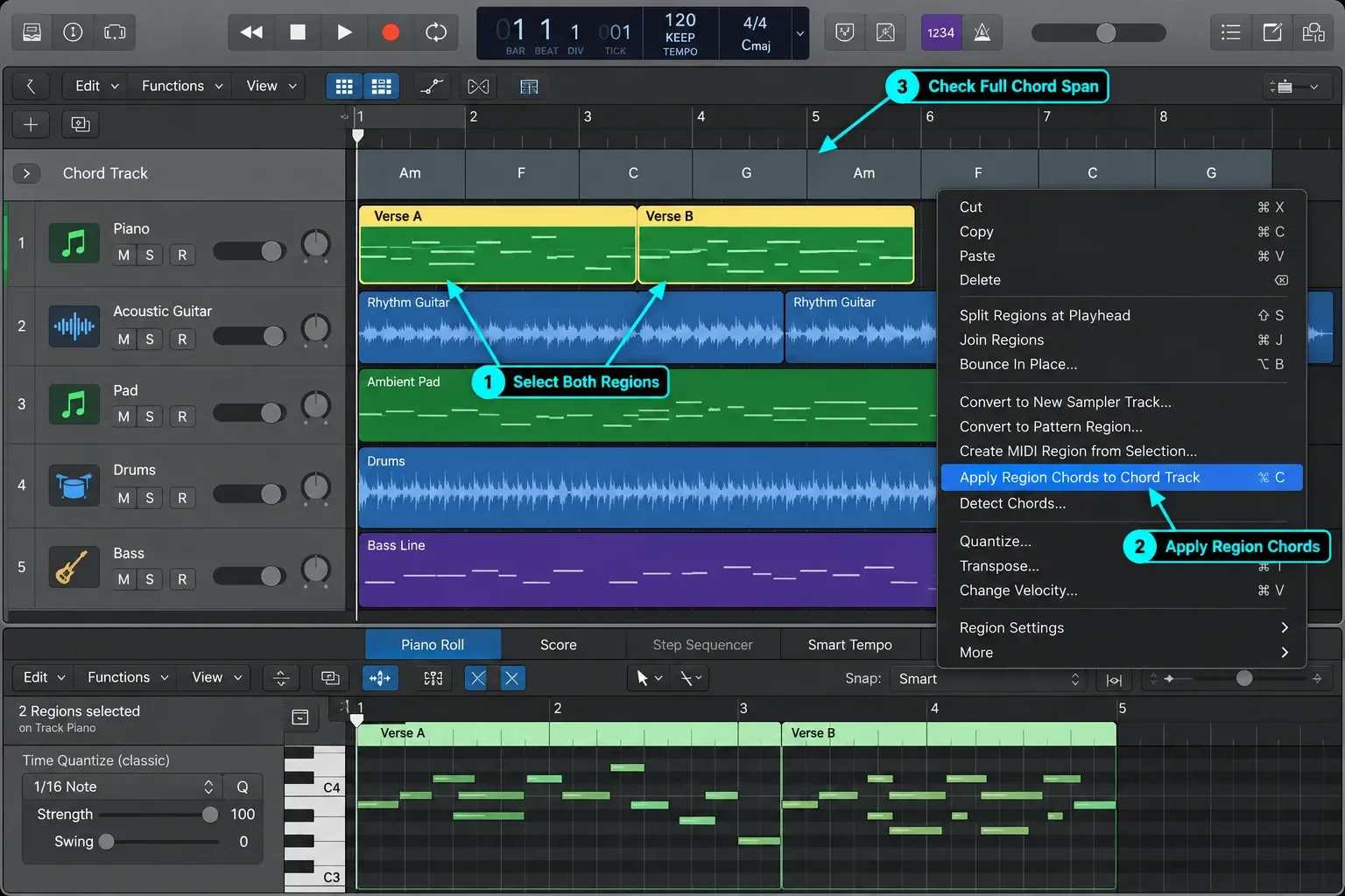 Logic Pro Chord Track showing two selected regions and Apply Region Chords to Chord Track