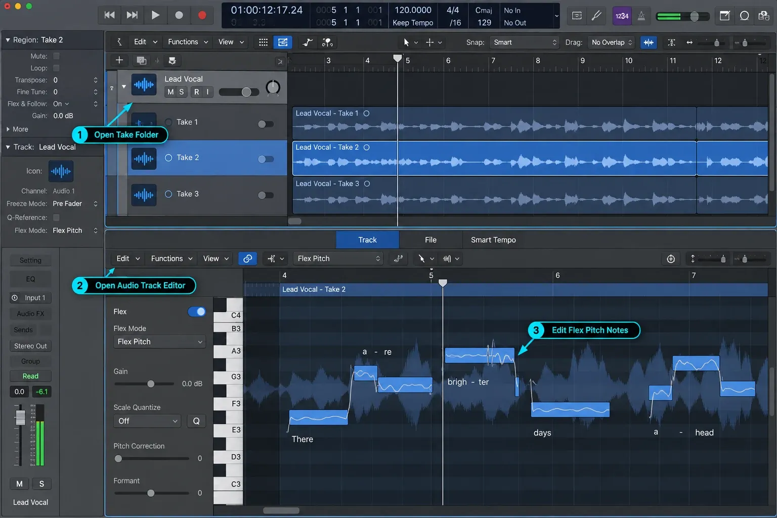 Logic Pro Flex Pitch showing a take folder opened in the Audio Track Editor