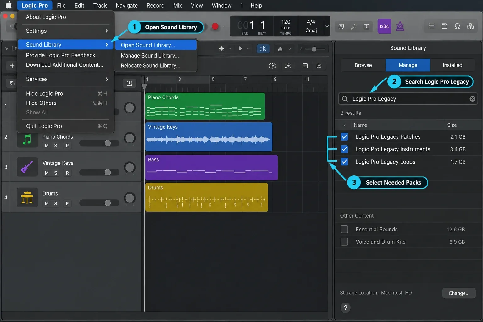 Logic Pro Sound Library showing a search for Logic Pro Legacy and three legacy packs selected
