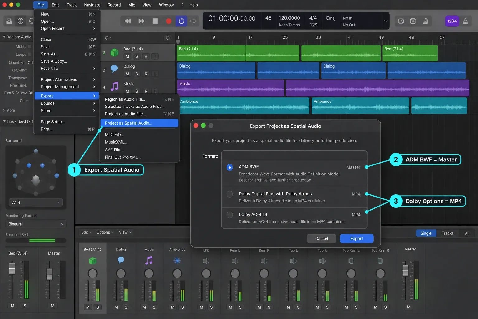 Logic Pro Spatial Audio export comparing ADM BWF master and encoded MP4 options
