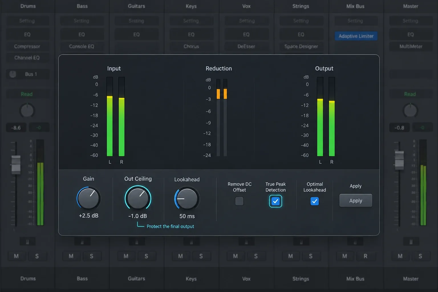 Logic Pro Adaptive Limiter with Gain at 2.5 dB, Out Ceiling at minus 1.0 dB, 50 ms Lookahead and True Peak Detection enabled