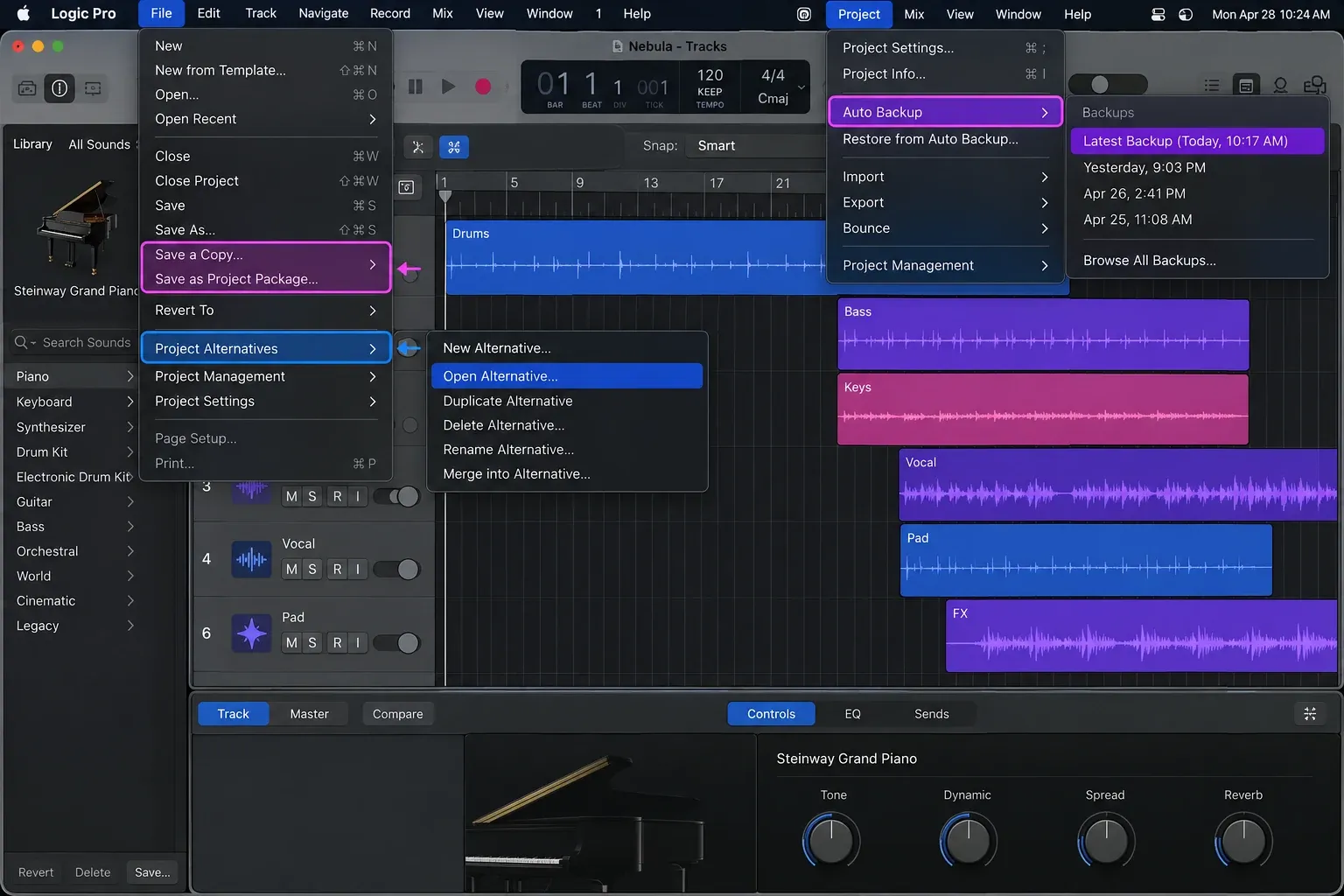Logic Pro project menu showing alternatives, automatic backup recovery and Save a Copy choices