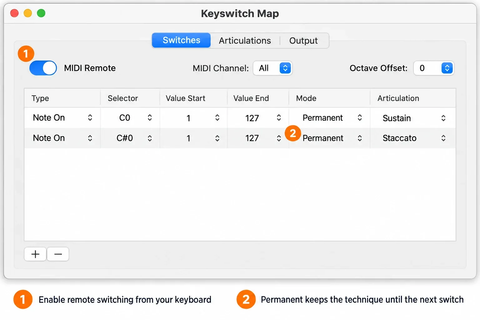 Logic Pro Switches pane with MIDI Remote enabled and Permanent keyswitches assigned to Sustain and Staccato