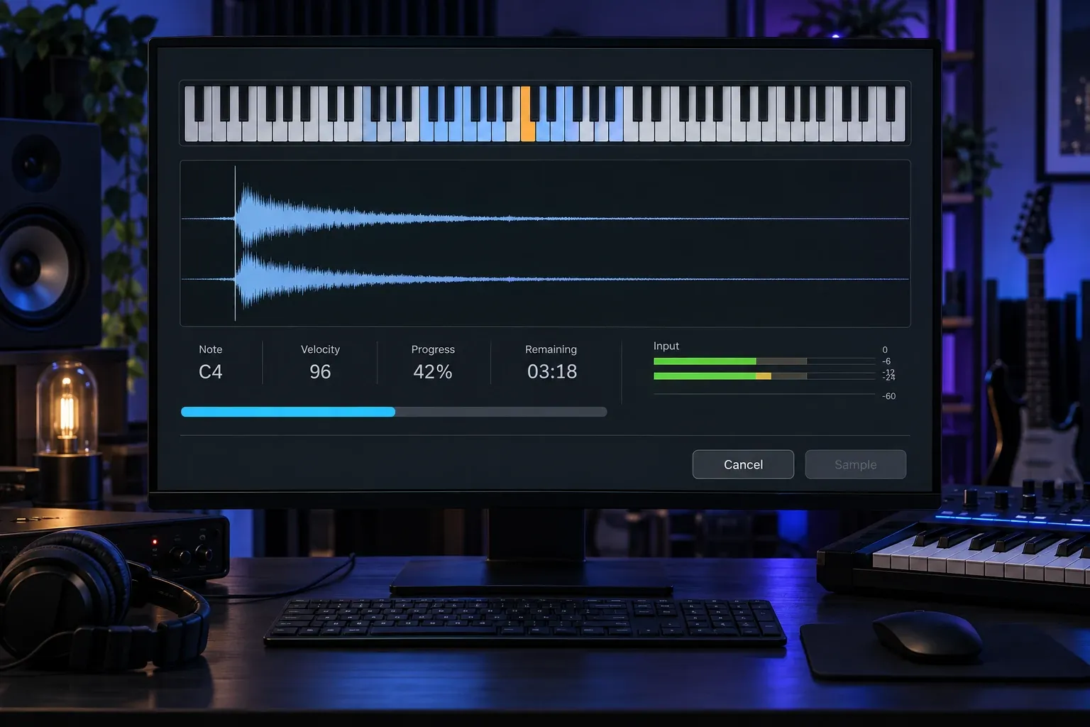 Logic Pro Auto Sampler recording progress with the active note, velocity, waveform and remaining time visible