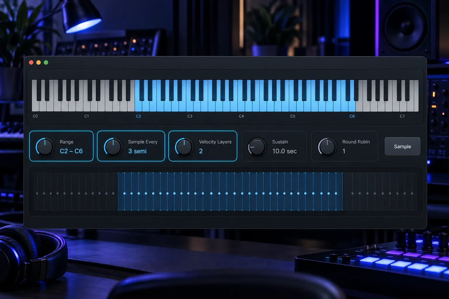 Logic Pro Auto Sampler settings with note range, Sample Every interval and velocity layers highlighted