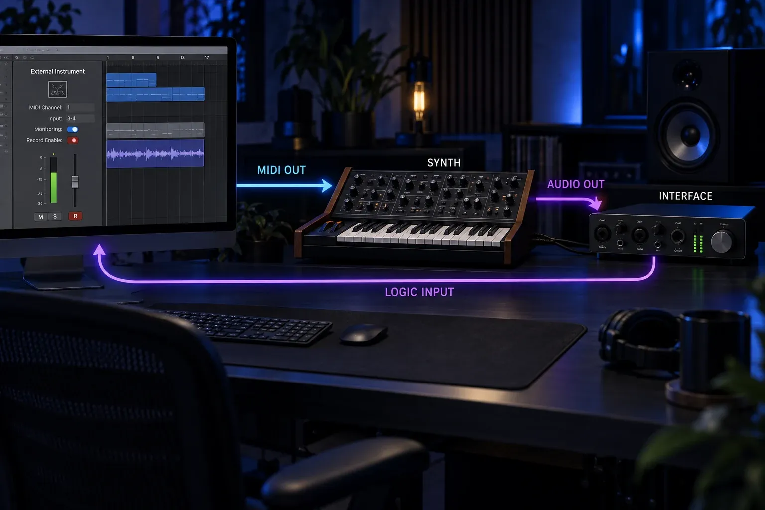 Logic Pro hardware synth sampling route from MIDI output through the synthesizer and audio interface to the track input
