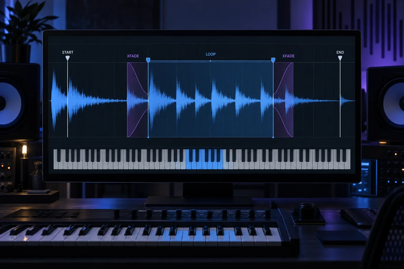 Logic Pro Sampler waveform editor with sample start, end, loop region and crossfade controls arranged for cleanup