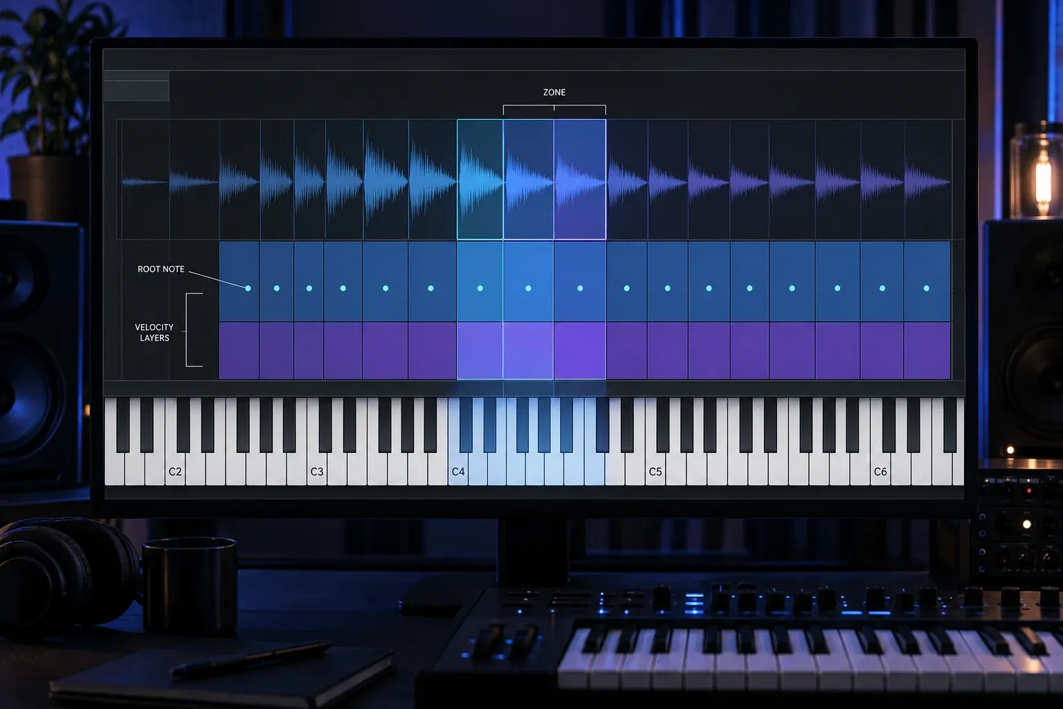 Logic Pro Sampler mapping view showing keyboard zones, root notes and stacked velocity layers for an auto-sampled instrument