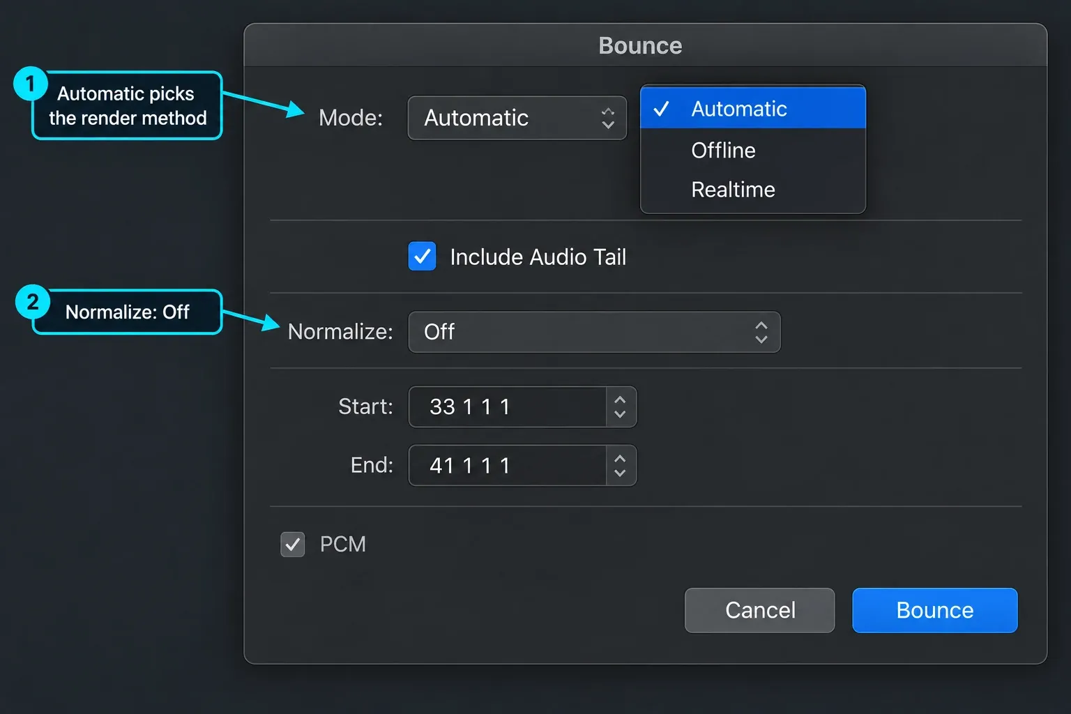 Logic Pro Bounce dialog showing the Automatic mode menu, Include Audio Tail enabled, and Normalize set to Off
