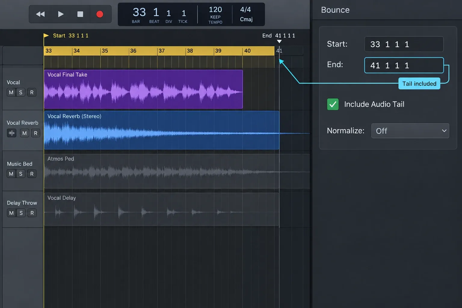 Logic Pro arrangement and Bounce panel showing the selected range extended through the reverb tail with Include Audio Tail enabled