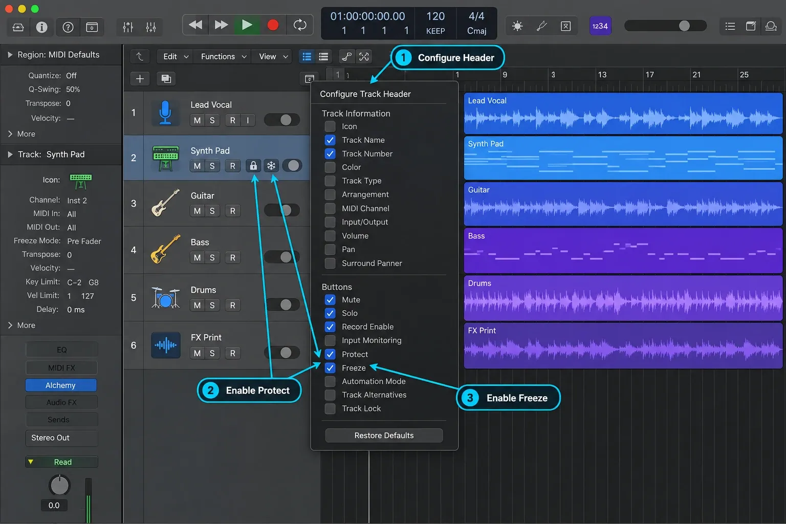 Logic Pro showing Configure Track Header with Protect and Freeze enabled