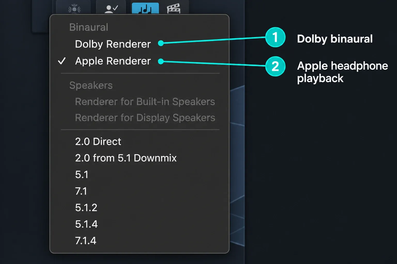 Logic Pro Dolby Atmos Monitoring Format menu with Dolby Renderer, Apple Renderer and speaker layouts