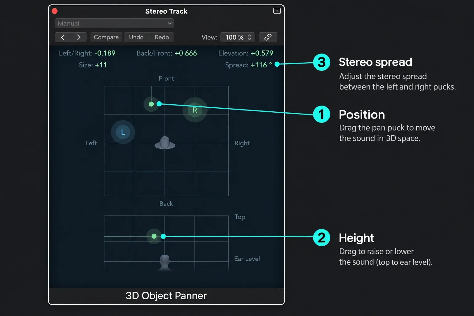 Logic Pro stereo 3D Object Panner with planar position, elevation and stereo spread controls