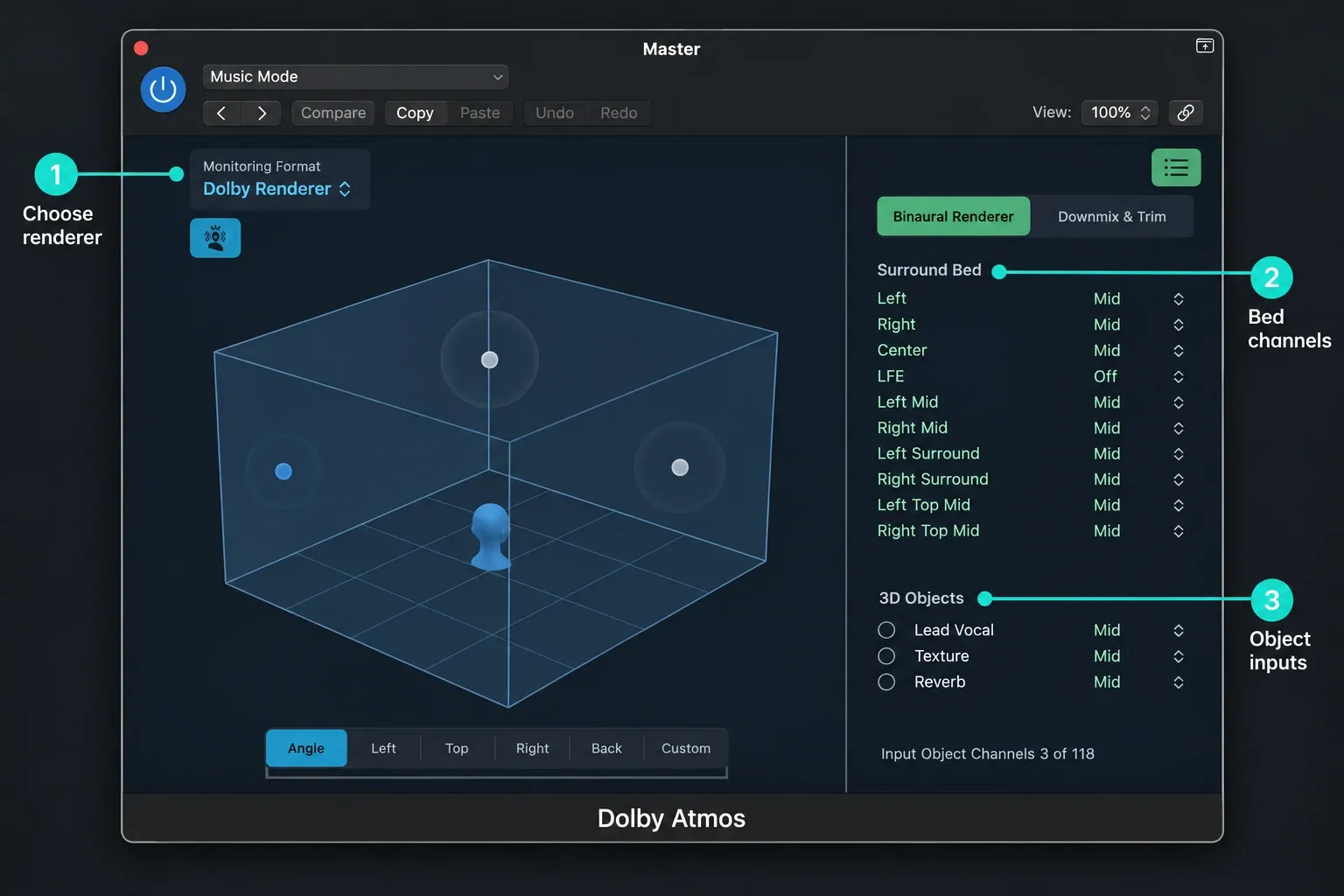 Logic Pro Dolby Atmos plug-in with a 7.1.2 bed, three object inputs and binaural render modes