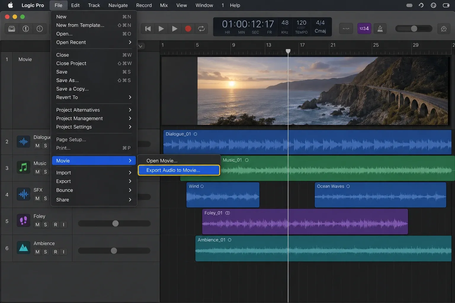 Logic Pro showing File, Movie, and Export Audio to Movie selected