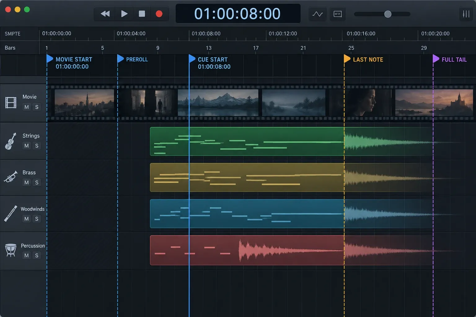 Logic Pro timeline aligning SMPTE timecode, cue start, preroll and music tail