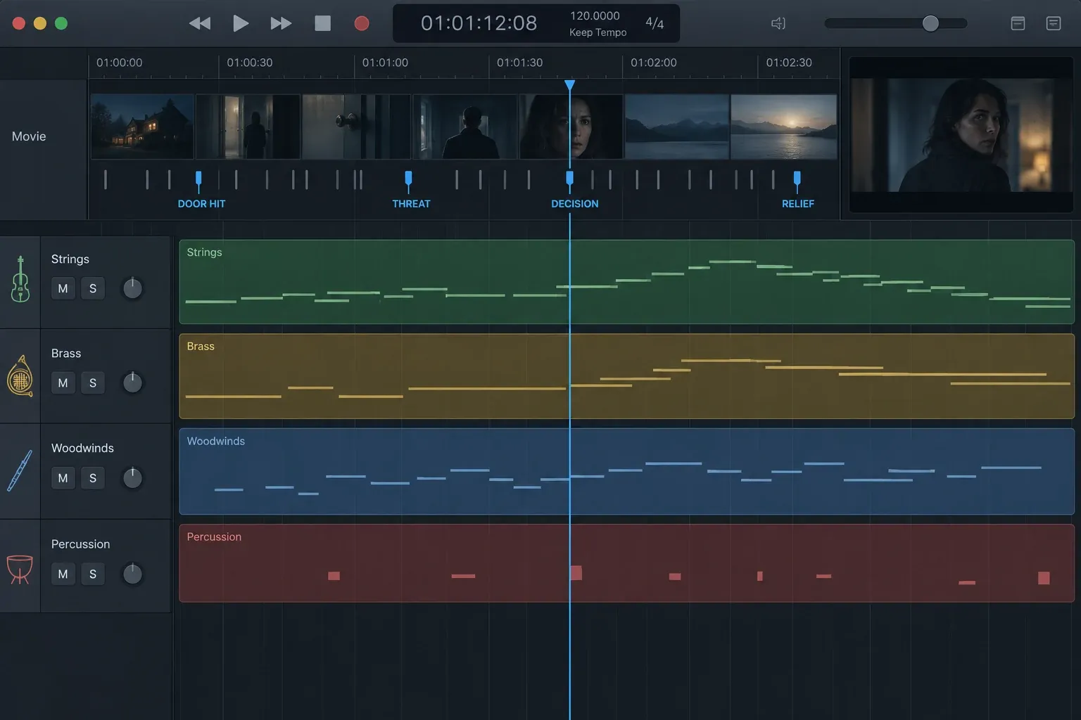 Logic Pro arrangement with movie scene markers and selected film scoring hit points