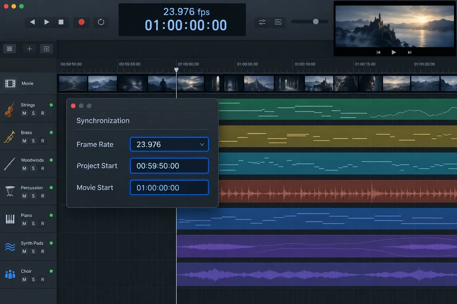 Logic Pro movie project showing frame rate, project start and movie start settings